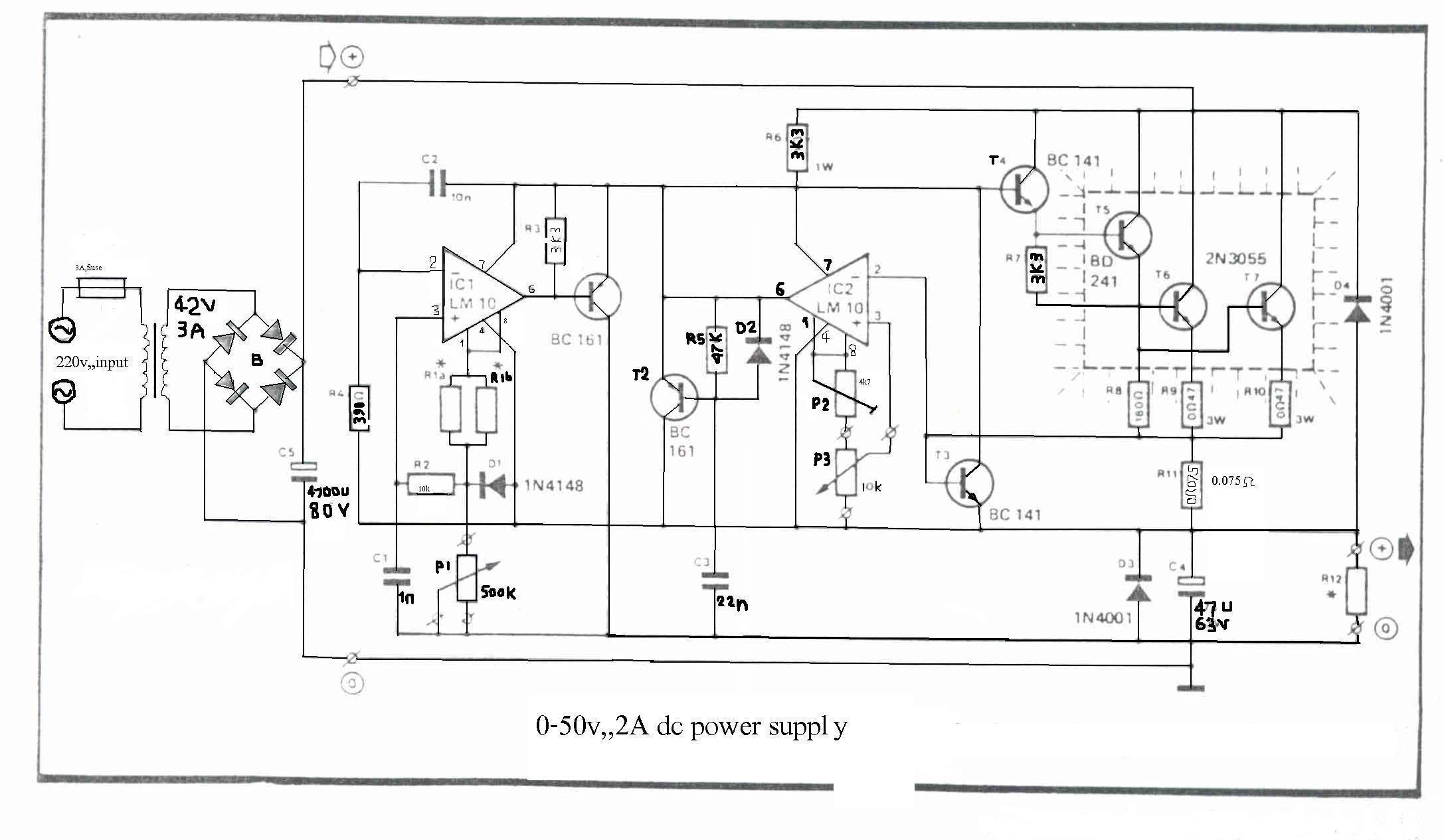 How to build 0-50V 2A Bench power supply - circuit diagram