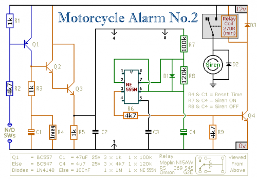 How to build A 555 -Timer Based Motorcycle Alarm - circuit diagram