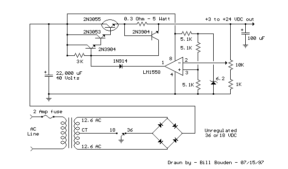 How to build Variable 3 - 24 Volt / 3 Amp Power Supply - circuit diagram