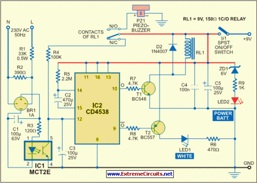 Mains Supply Failure Alarm-Circuit diagram