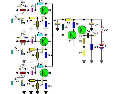 Three Channel Audio Mixer Circuit-Circuit diagram
