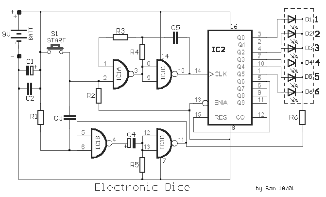 How to build Electronic Dice - circuit diagram 3 3 5mm ring wiring 